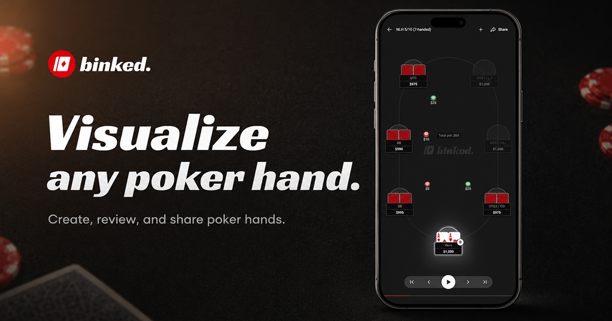 binked app showing a poker hand replay on a phone